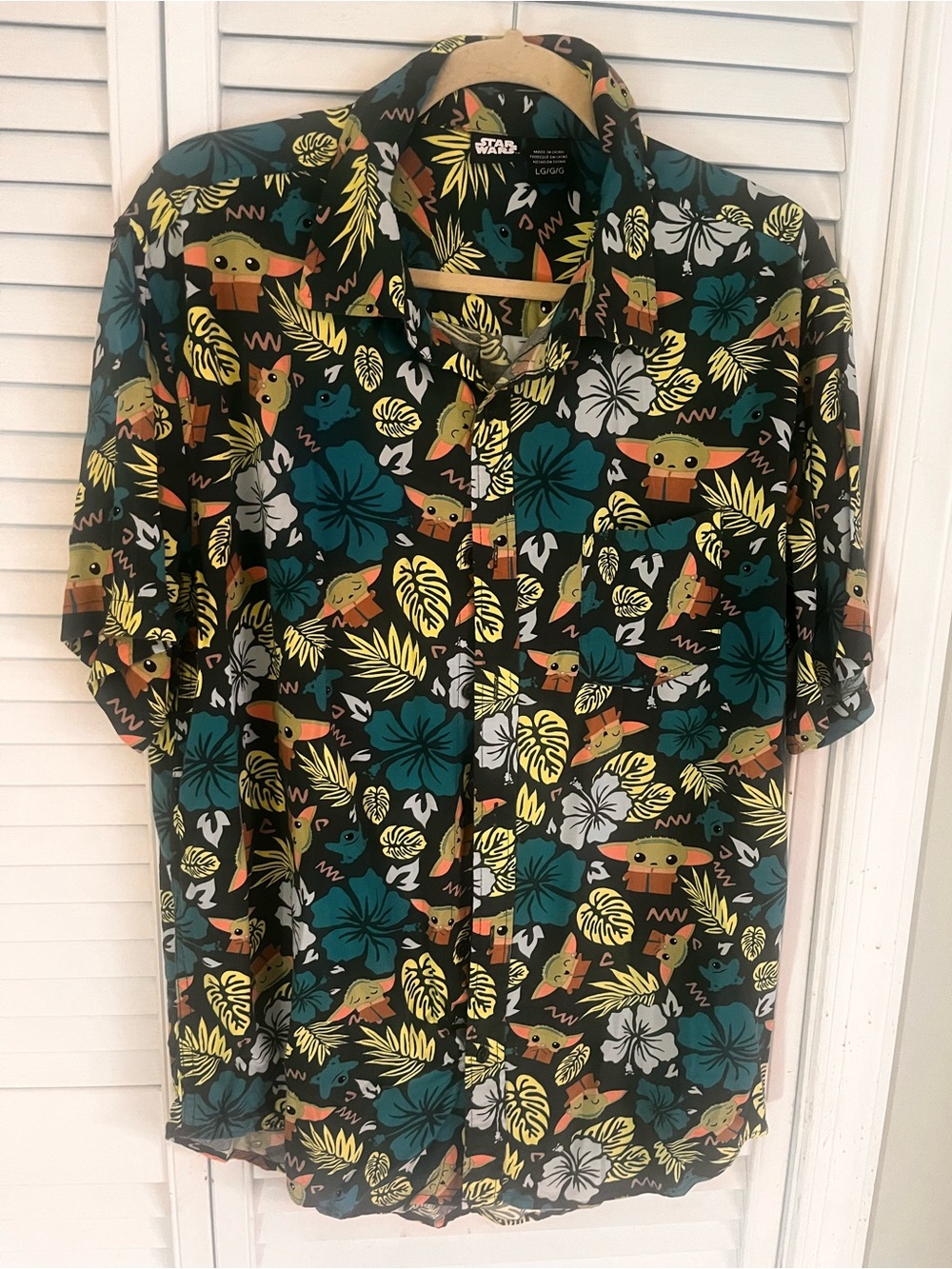 Star Wars Grogu Black Button-Down Shirt with Teal & Yellow Tropical Print